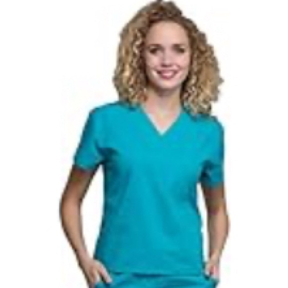 Cherokee Scrub top Mock Wrap Top (Teal Blue, X-Small) - Picture 1 of 5